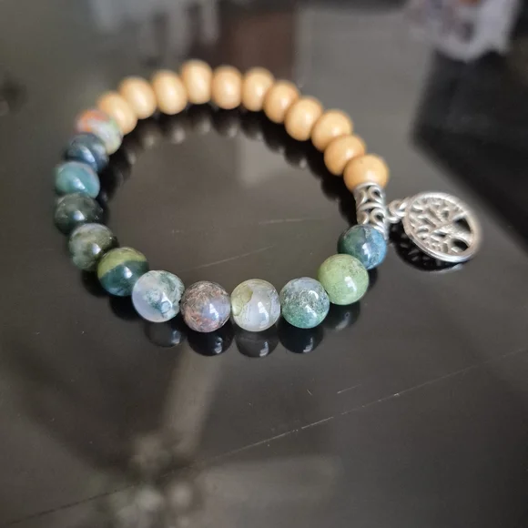 Tree Of Life Braclet! Handmade With Natural Moss Agate And Mala Beads! - Picture 3 of 12